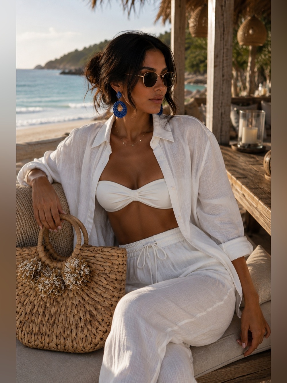 Handwoven Straw Tote Bag Boho Woven Beach Bag Round Handle